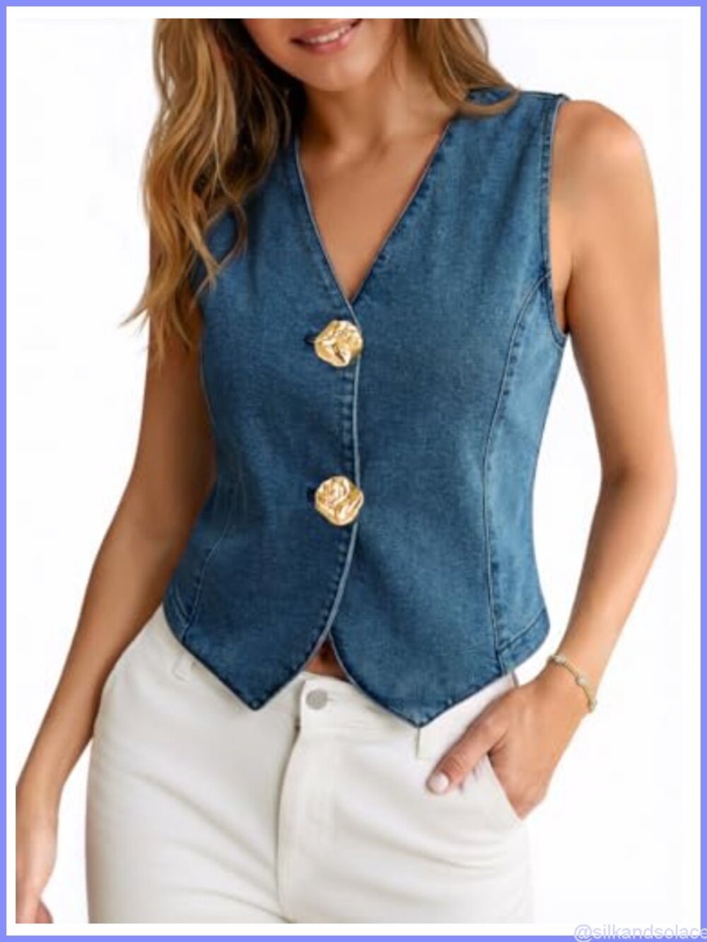 Women's Cropped Denim Vest V-Neck Sleeveless Button Down Casual